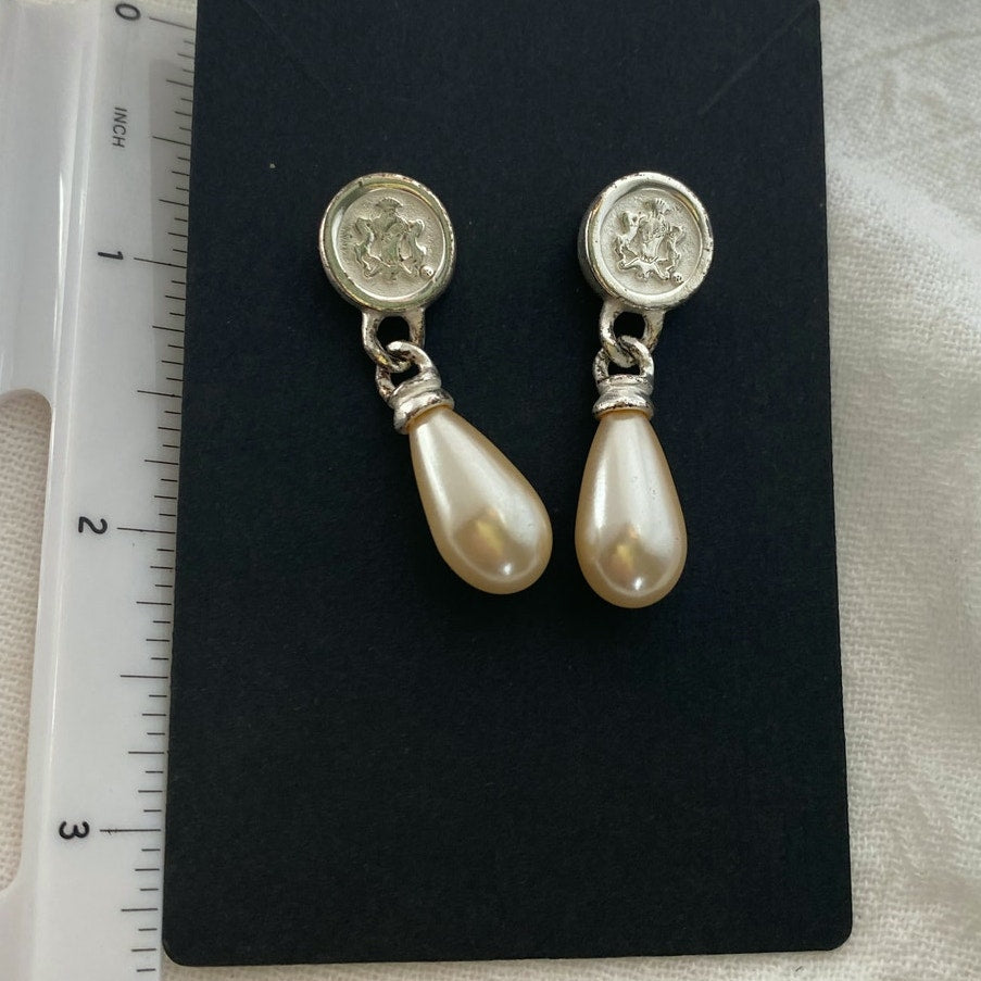 Vintage Faux Peral Teardrop Earrings Silver Crest Medallion Pierced Dangles