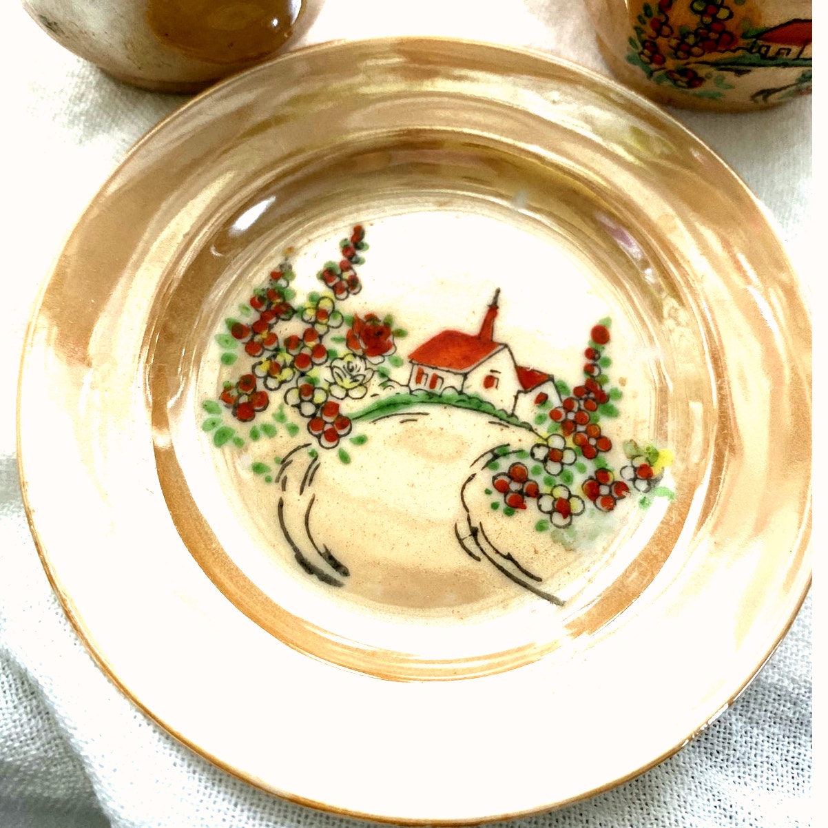 Vintage Japanese Lusterware Tea Set Iridescent Peach with church scene childrens