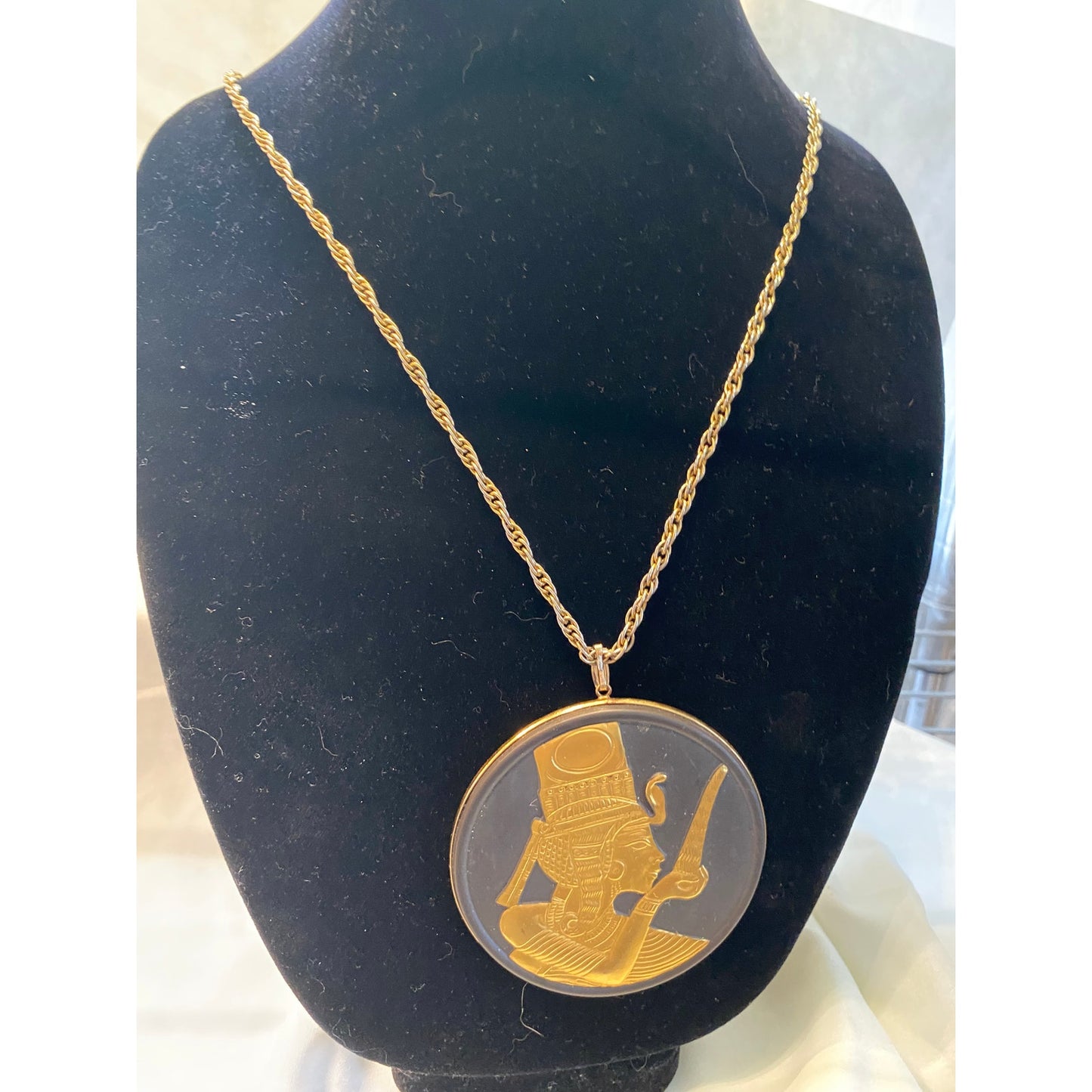 Large Vintage Egyptian Goddess Pendent Necklace-gold black medallion