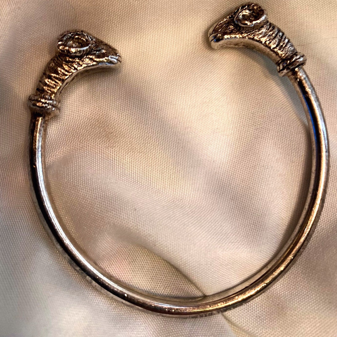 Vintage Rams Head Cuff Bracelet Goog luck Talisman silver tone