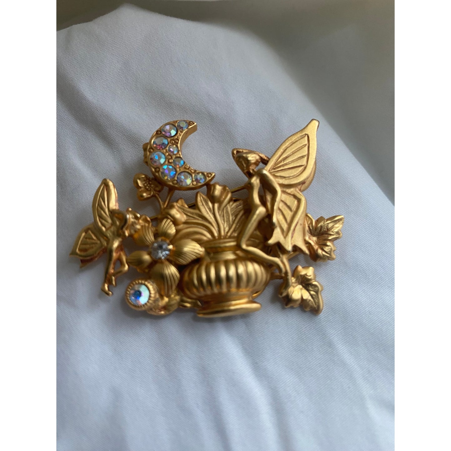 Vintage Kirks Folly Rhinestone Fairy Moon Brooch goldtone Celestial magic