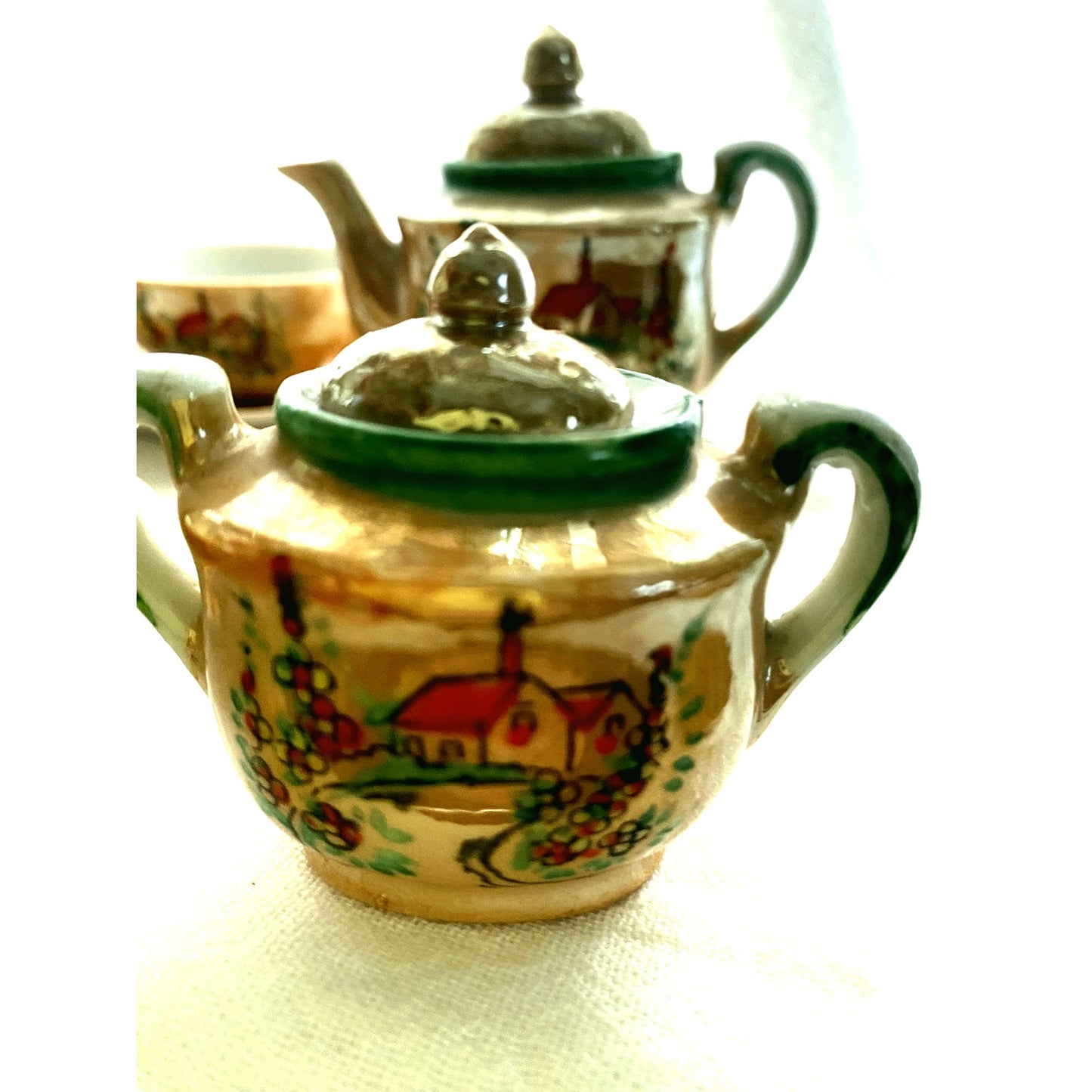 Vintage Japanese Lusterware Tea Set Iridescent Peach with church scene childrens