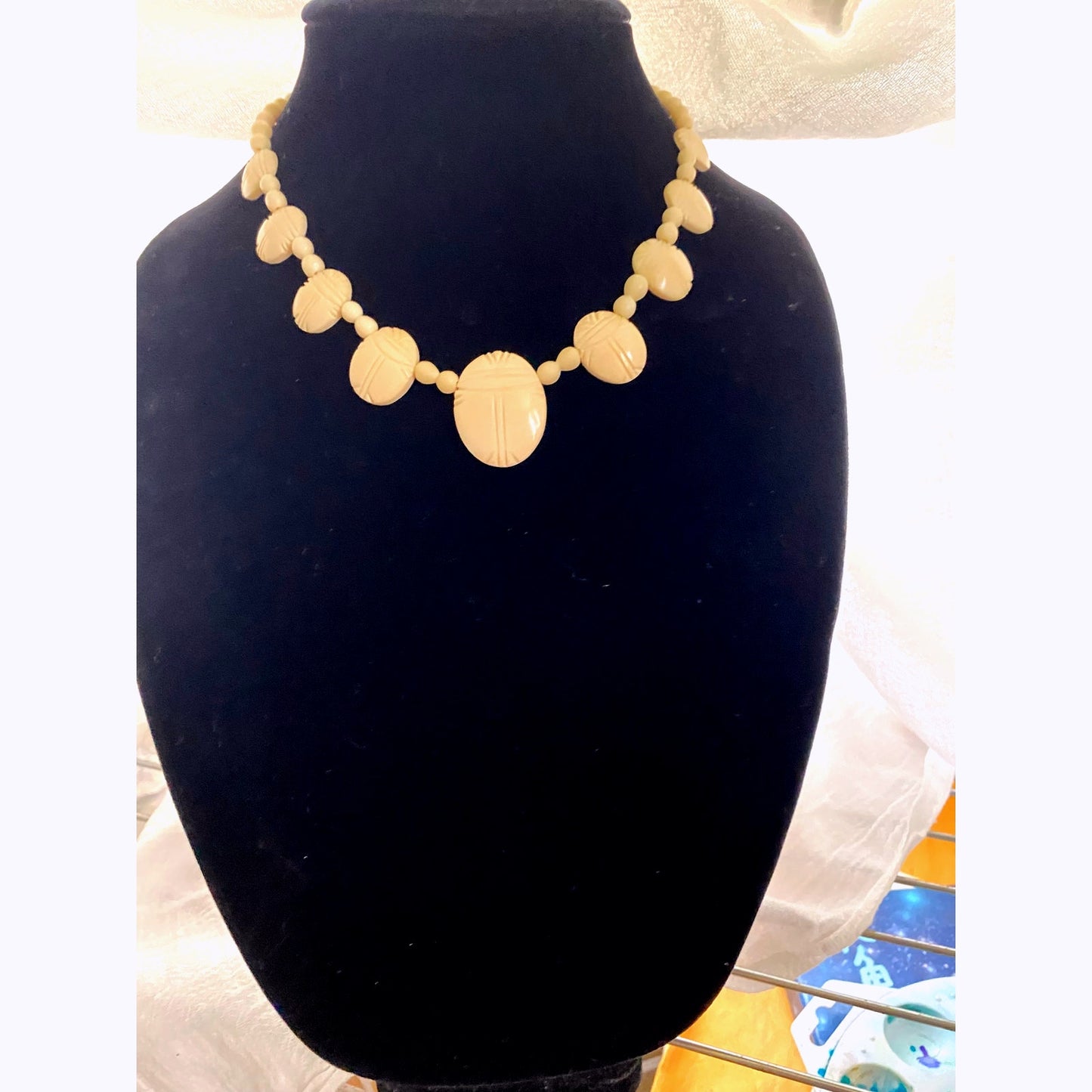 1920 Carved Scarab Necklace Egyptian Revival Cream Beads made from Lucite Rare