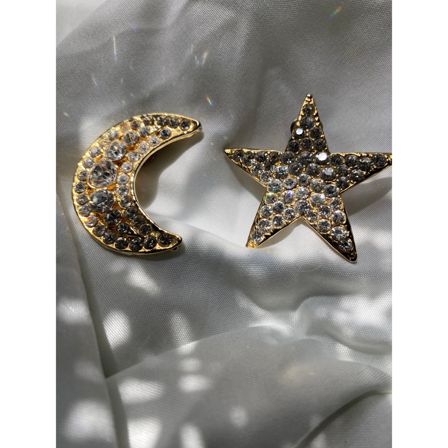 Vintage 1980s Rhinestone star and moon earring clip on
