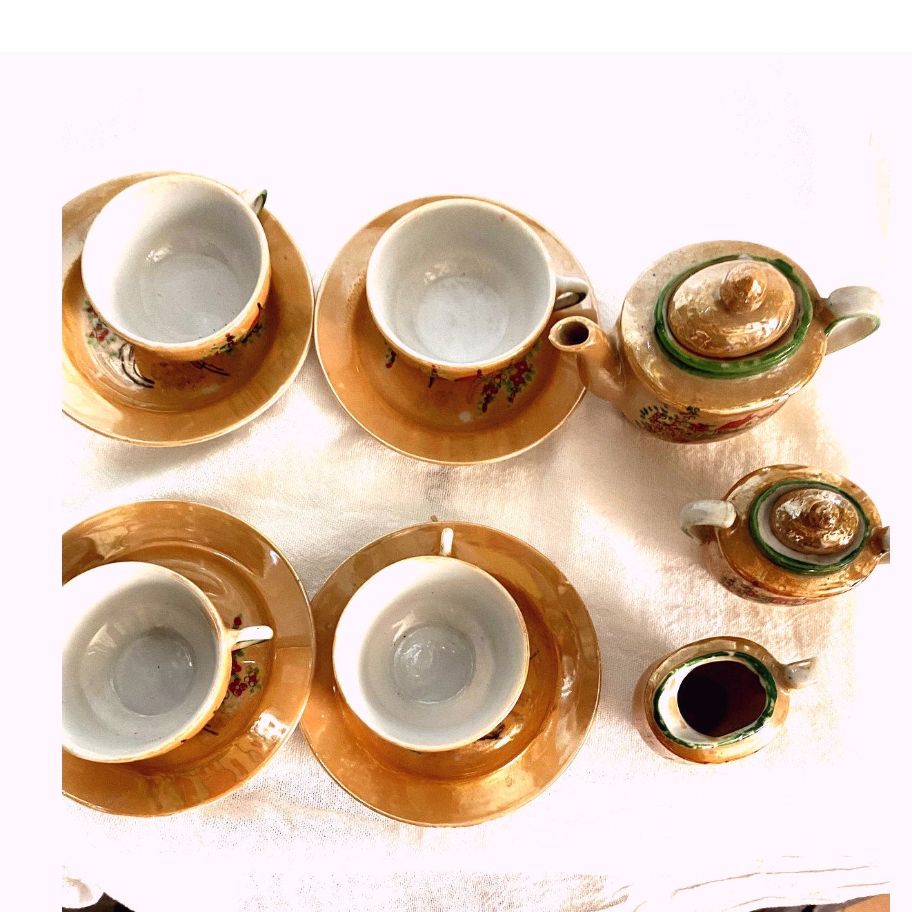Vintage Japanese Lusterware Tea Set Iridescent Peach with church scene childrens
