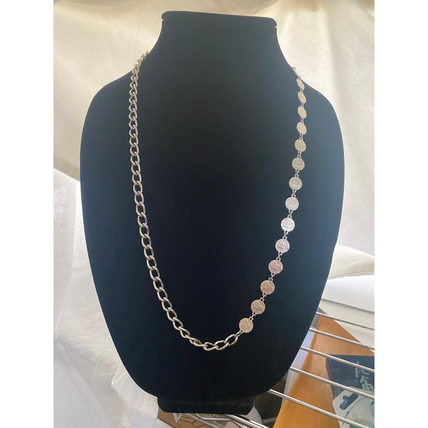 Vinatge Coin Medallion chain Necklace Silver tone curb link and embossed coin