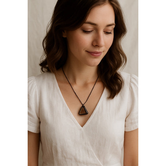 Smoky quartz, geometric pendant, necklace, gun metal chain, faceted jewelry