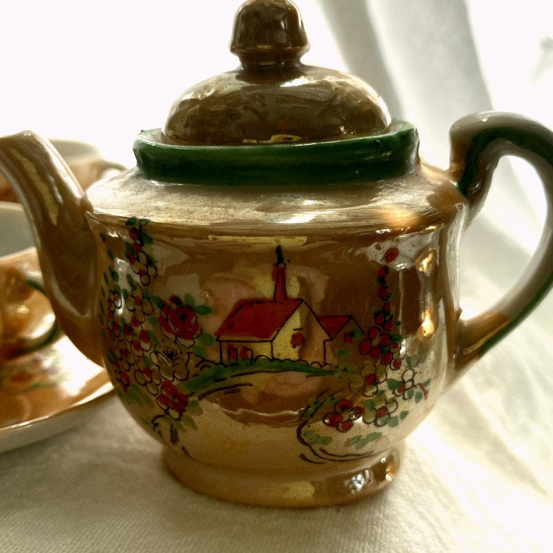 Vintage Japanese Lusterware Tea Set Iridescent Peach with church scene childrens