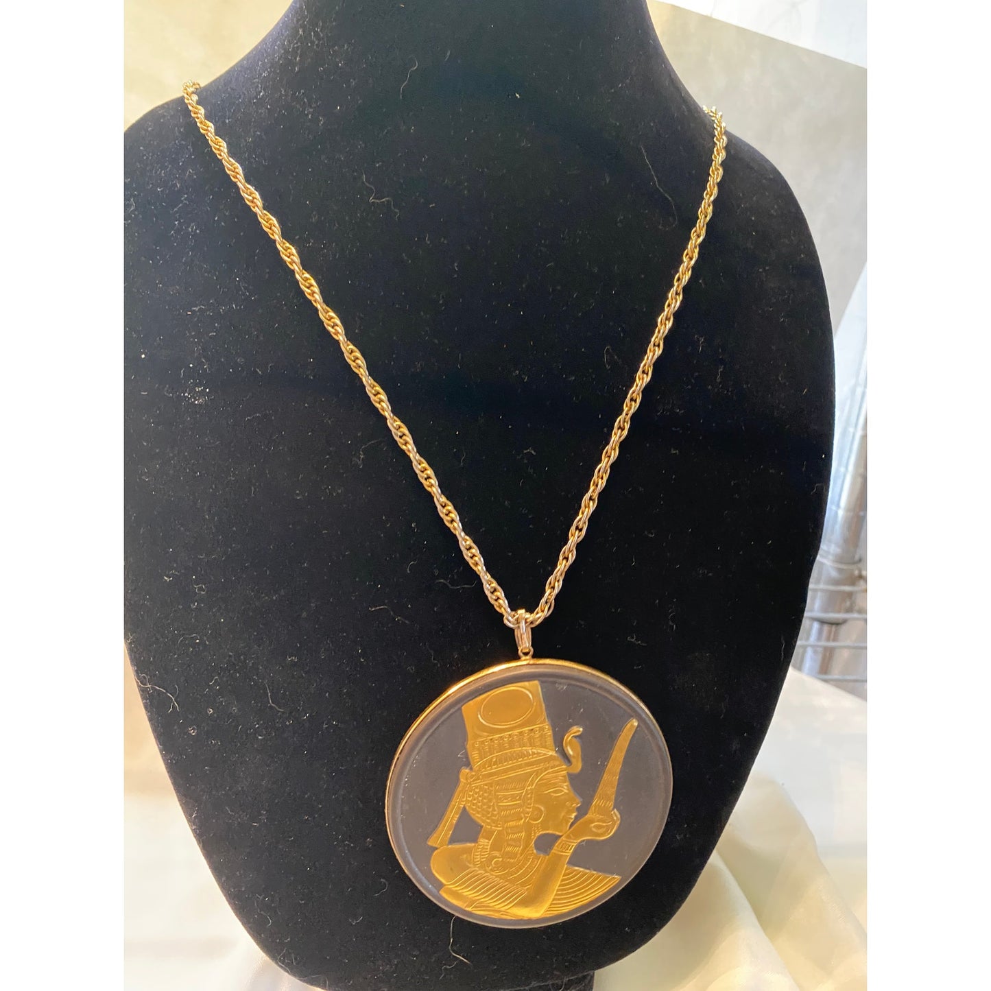 Large Vintage Egyptian Goddess Pendent Necklace-gold black medallion