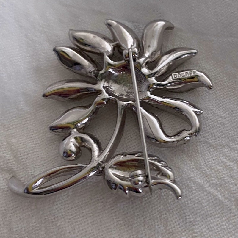 Vintage COGOFF Rhinestone Flower Brooch Silver tone midcentury Collectable Gift