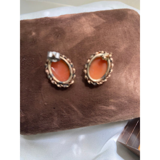 Shell Cameo 14k yellow gold carved lady studs vintage unique earrings