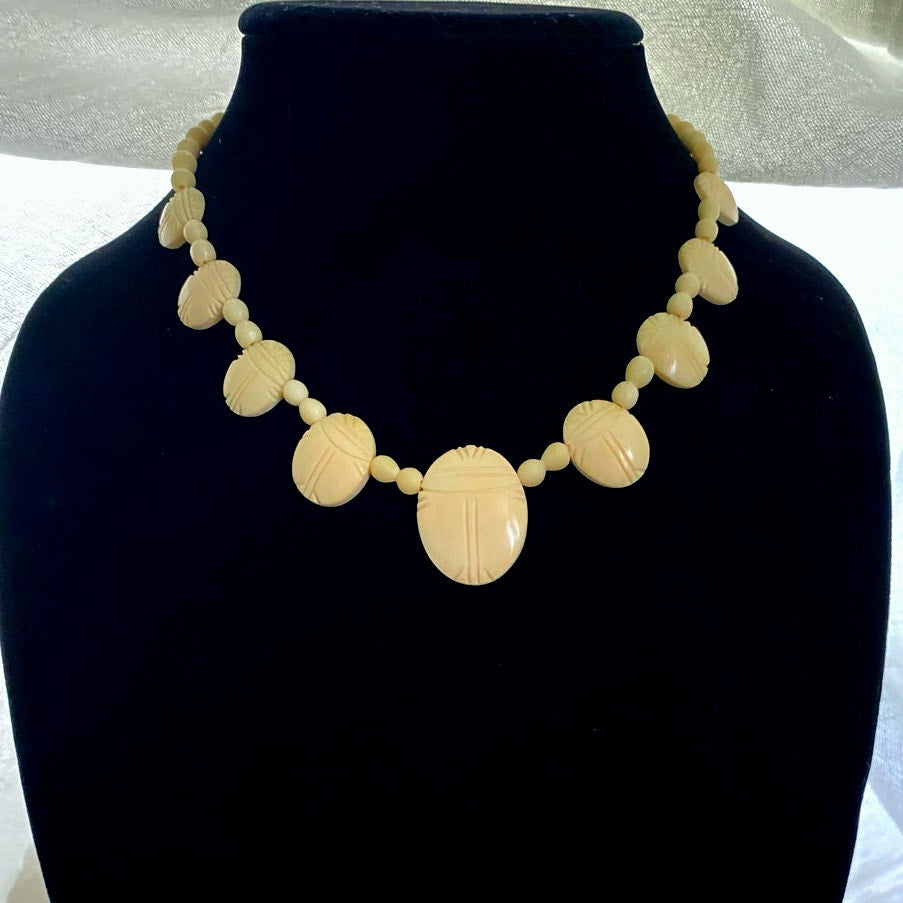 1920 Carved Scarab Necklace Egyptian Revival Cream Beads made from Lucite Rare