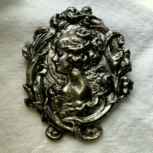 Anique silver Art Nouveau Lady Brooch Vintage Repousse Cameo pin