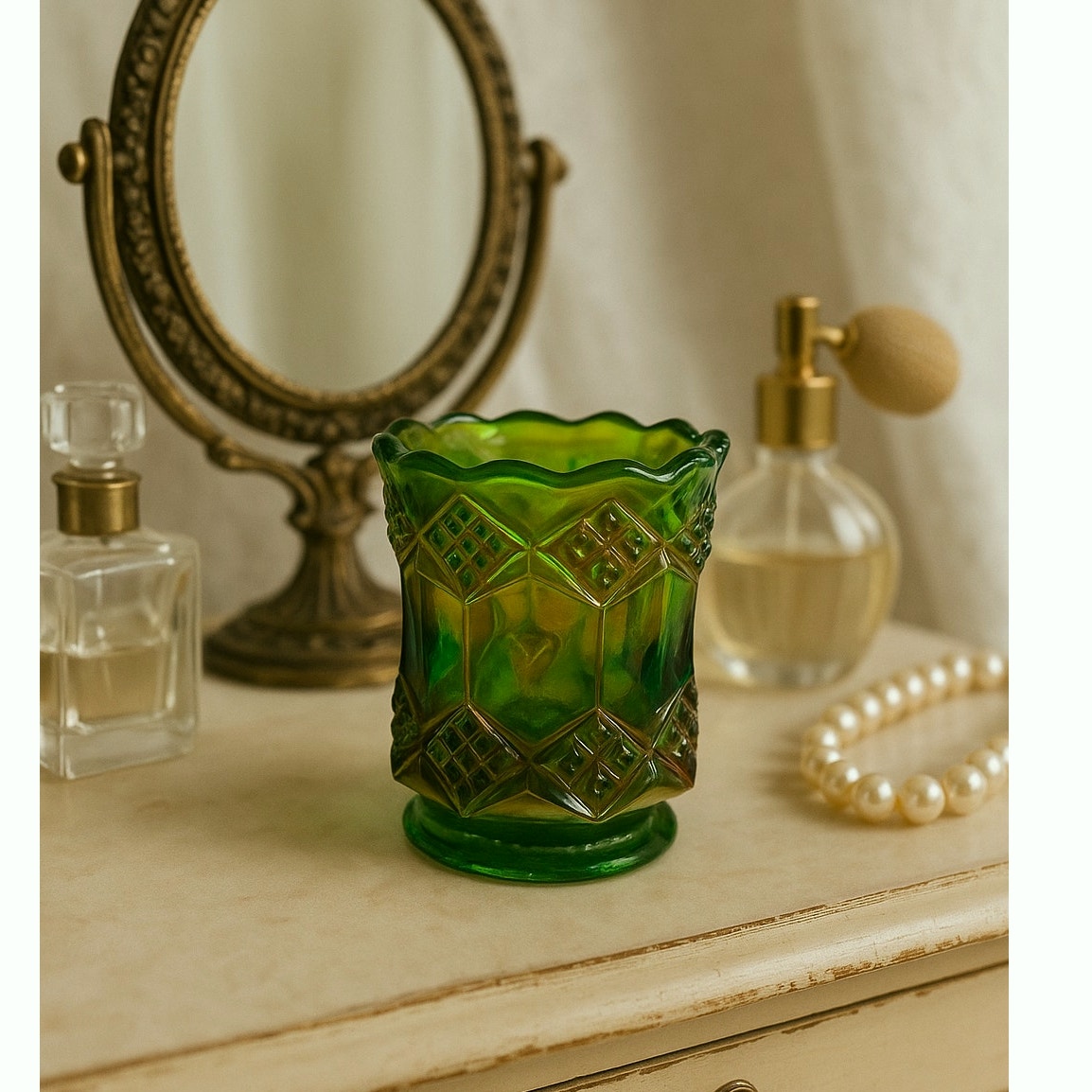 Vintage Imperial Helios Green Carnival Glass Three in one Pattern Iridescent Glass