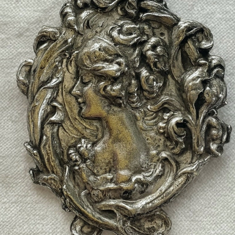 Anique silver Art Nouveau Lady Brooch Vintage Repousse Cameo pin