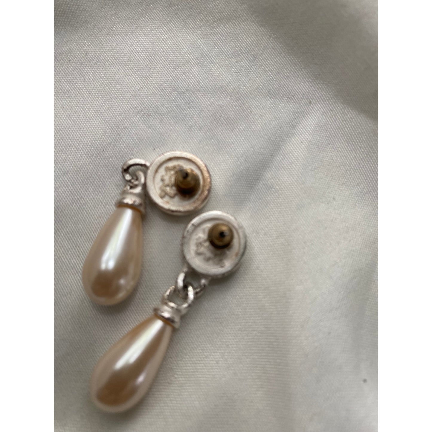 Vintage Faux Peral Teardrop Earrings Silver Crest Medallion Pierced Dangles