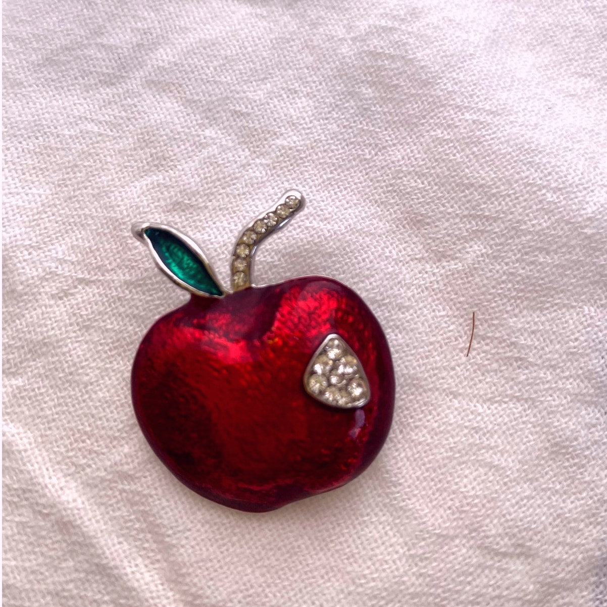 Vintage Red Enamel Apple Forbidden Fruit Rhinestone brooch pin teacher