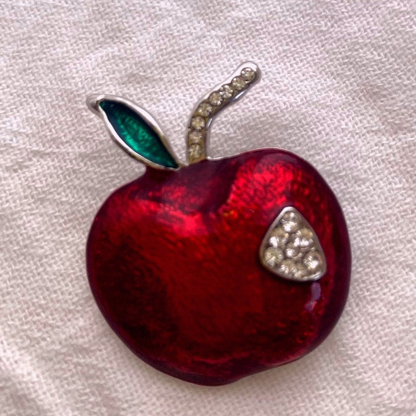 Vintage Red Enamel Apple Forbidden Fruit Rhinestone brooch pin teacher