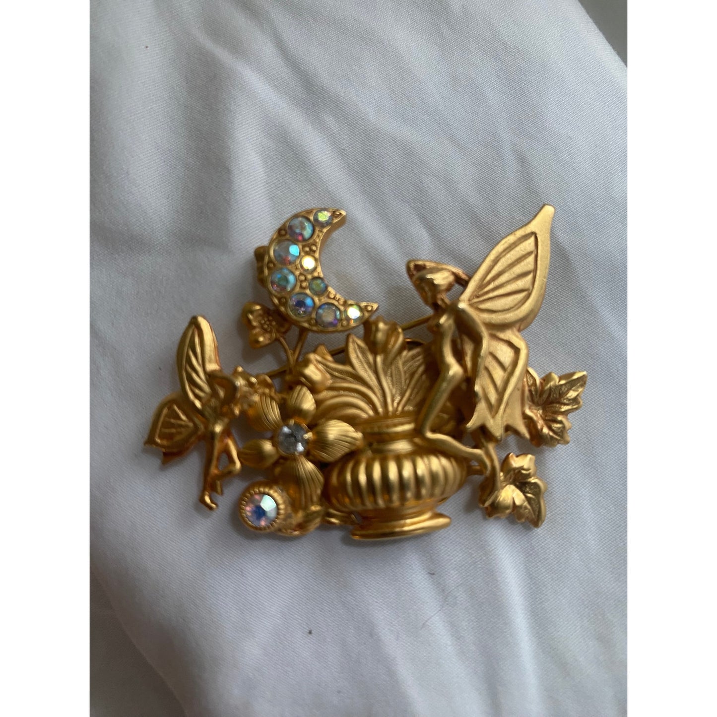 Vintage Kirks Folly Rhinestone Fairy Moon Brooch goldtone Celestial magic