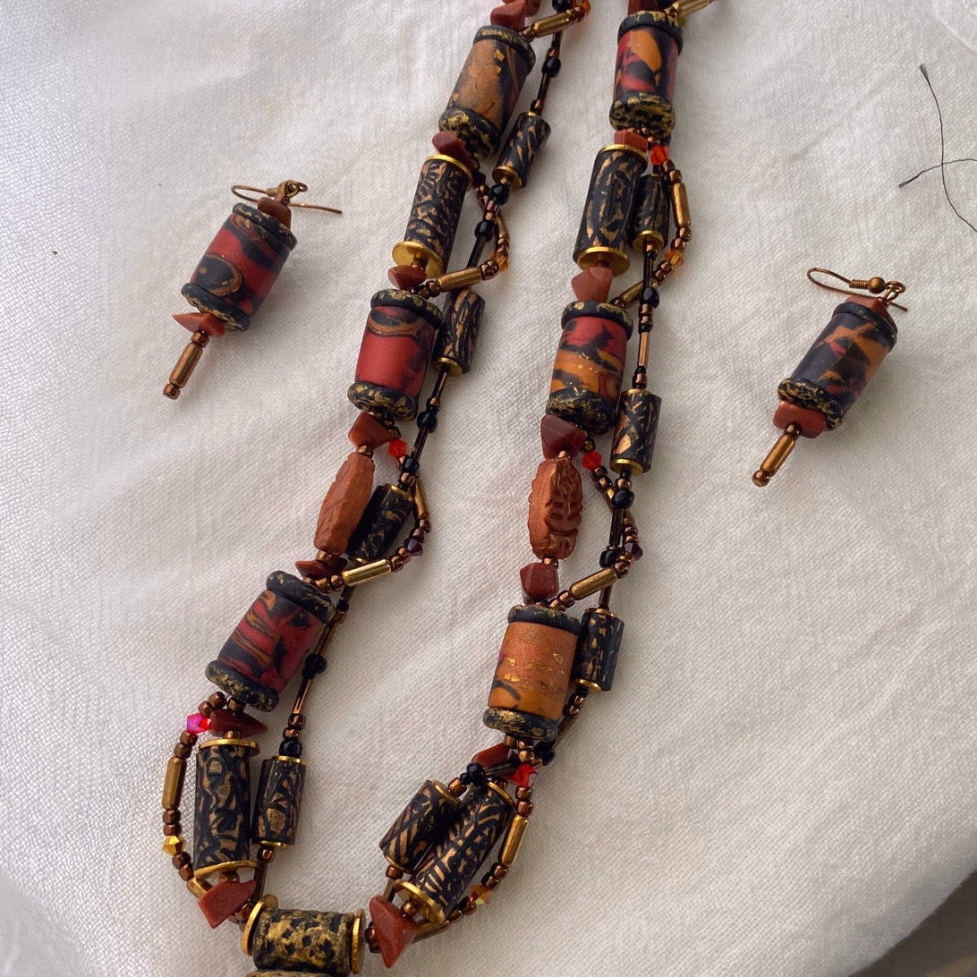 Hand painted Cork Bead Necklace and Earrings Earthy Artisan Boho Jewelry set