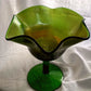 Vintage green glass Compote ruffled edges Pedestal bowl elegant art glass piece