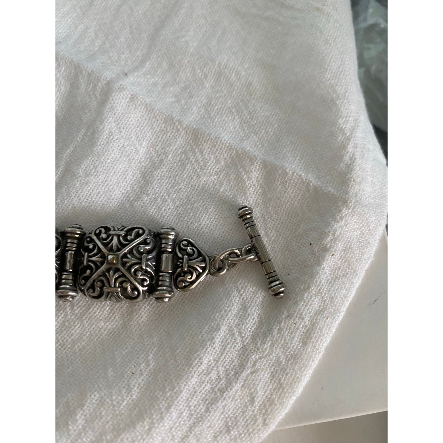 Vintage Bali Silver tone Orange link bracelet with toggle clasp and heart charm