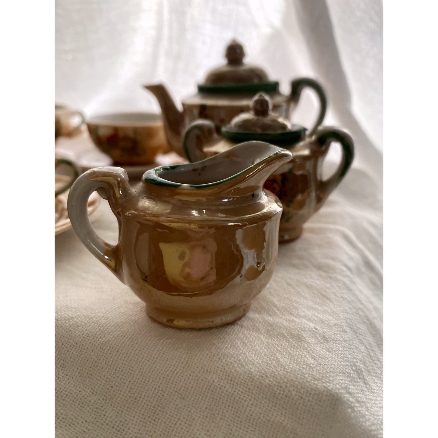 Vintage Japanese Lusterware Tea Set Iridescent Peach with church scene childrens