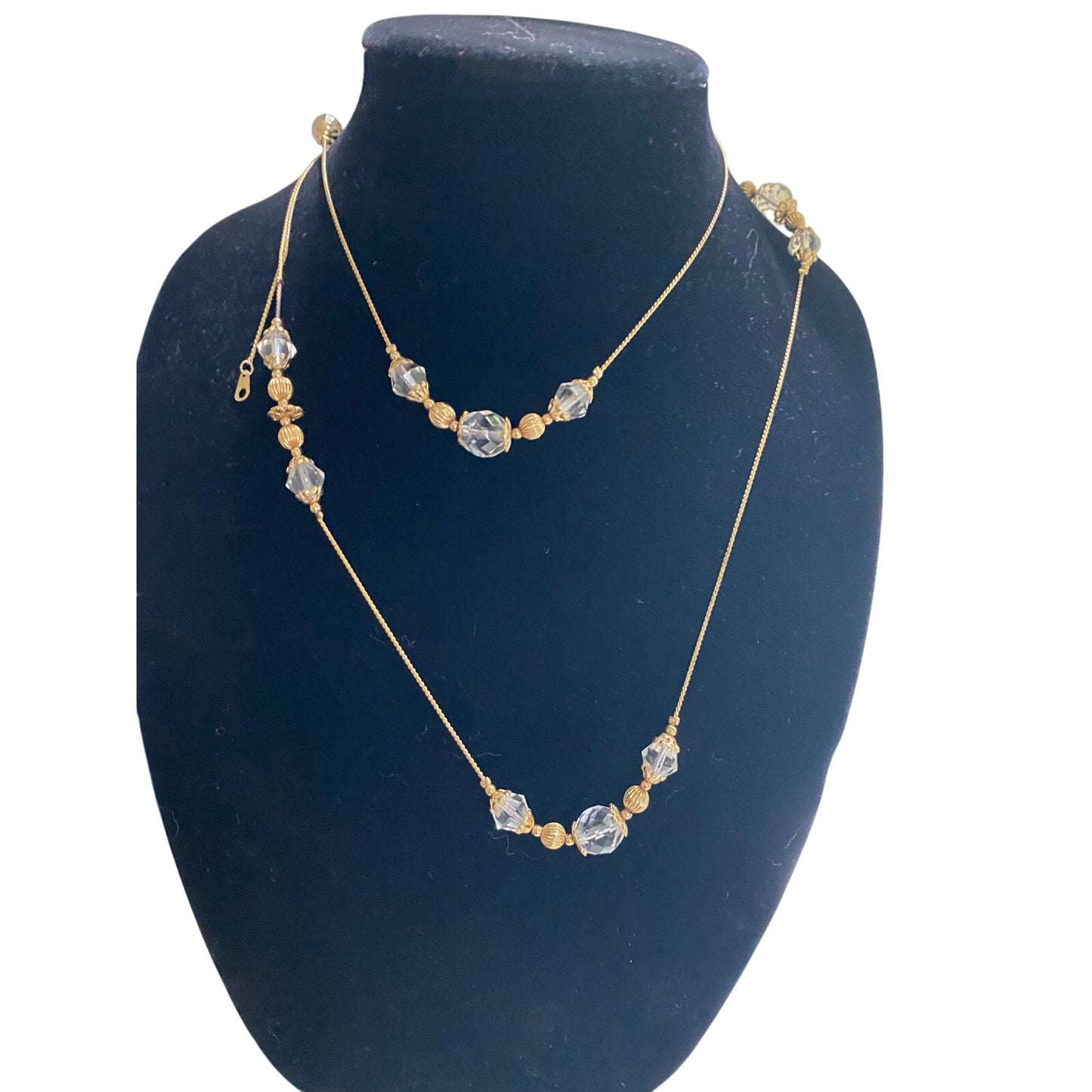 Vintage Gold and Crystal Beaded Necklace 47' long adjustable