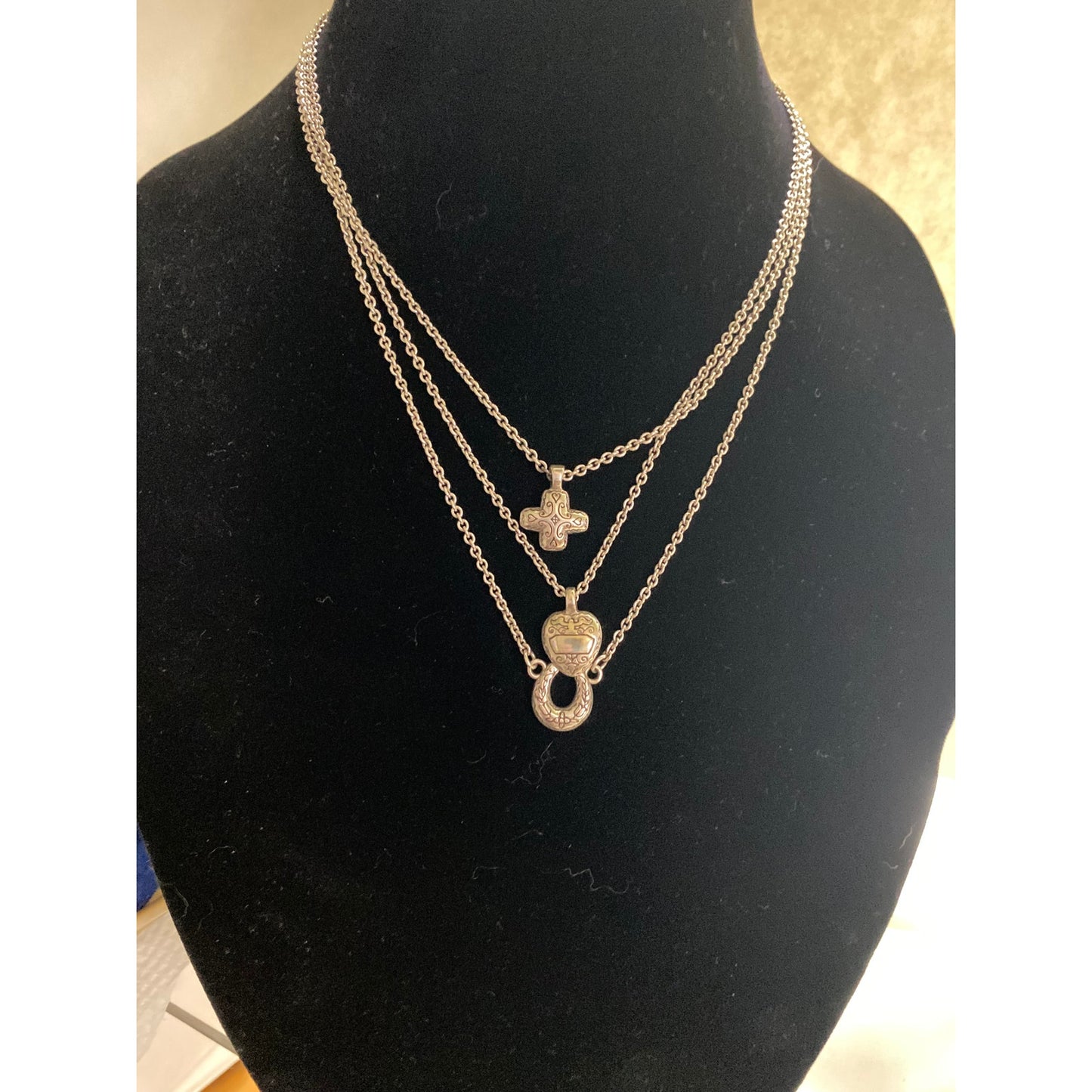 Brighton Silver 3 Strand Horsehoe Heart cross Necklace