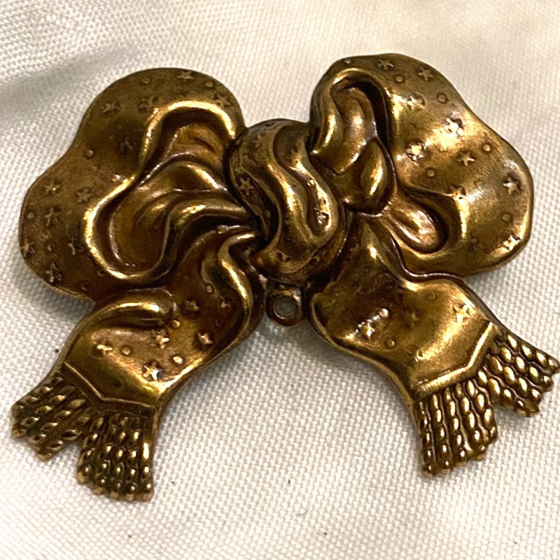 Vintage Brass Bow Brooch Textured Ribbon pin with etched fringe details