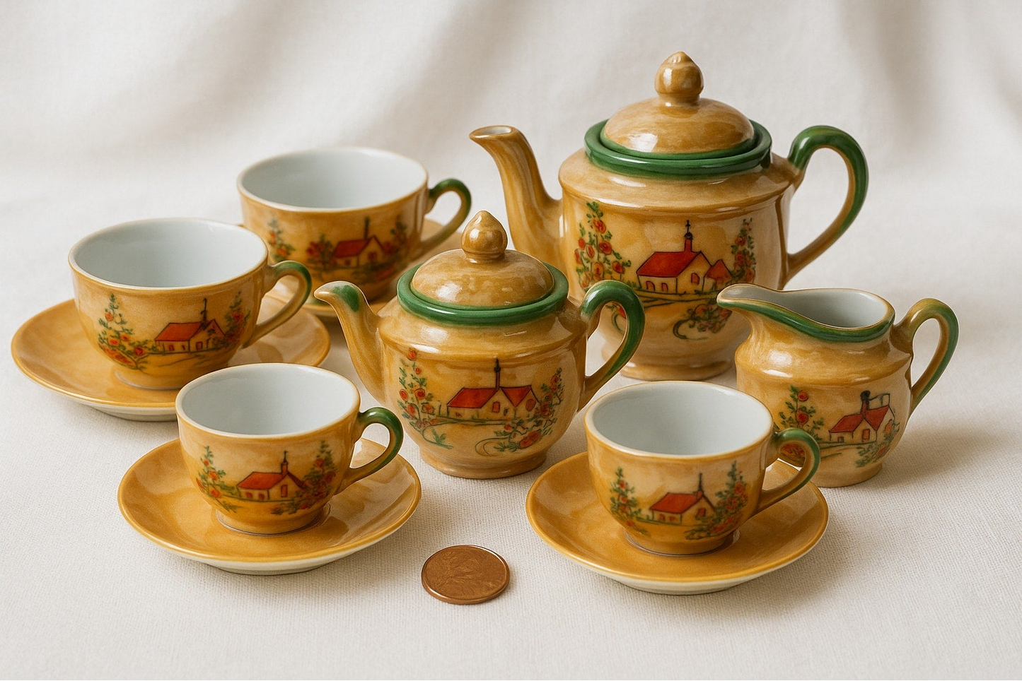 Vintage Japanese Lusterware Tea Set Iridescent Peach with church scene childrens
