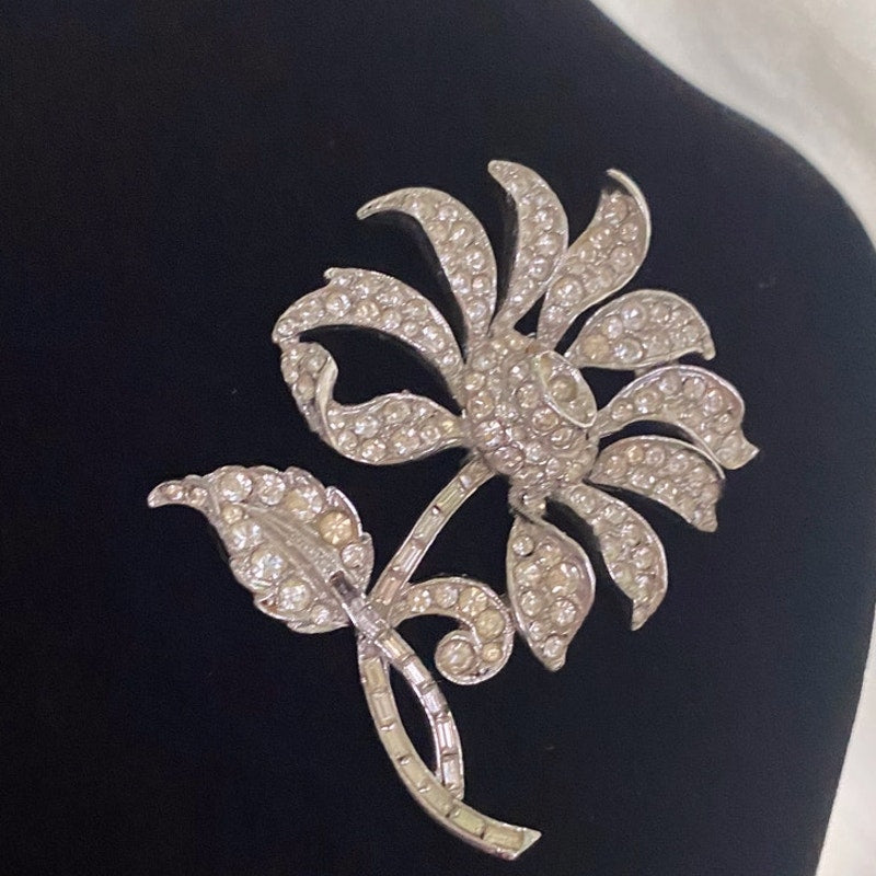Vintage COGOFF Rhinestone Flower Brooch Silver tone midcentury Collectable Gift