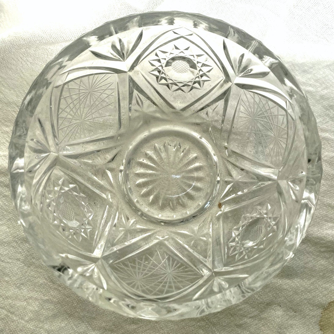 Vintage Lead Crystal Cut Glass Vanity Bowl Elegant Jewelry Dish StarburstPattern