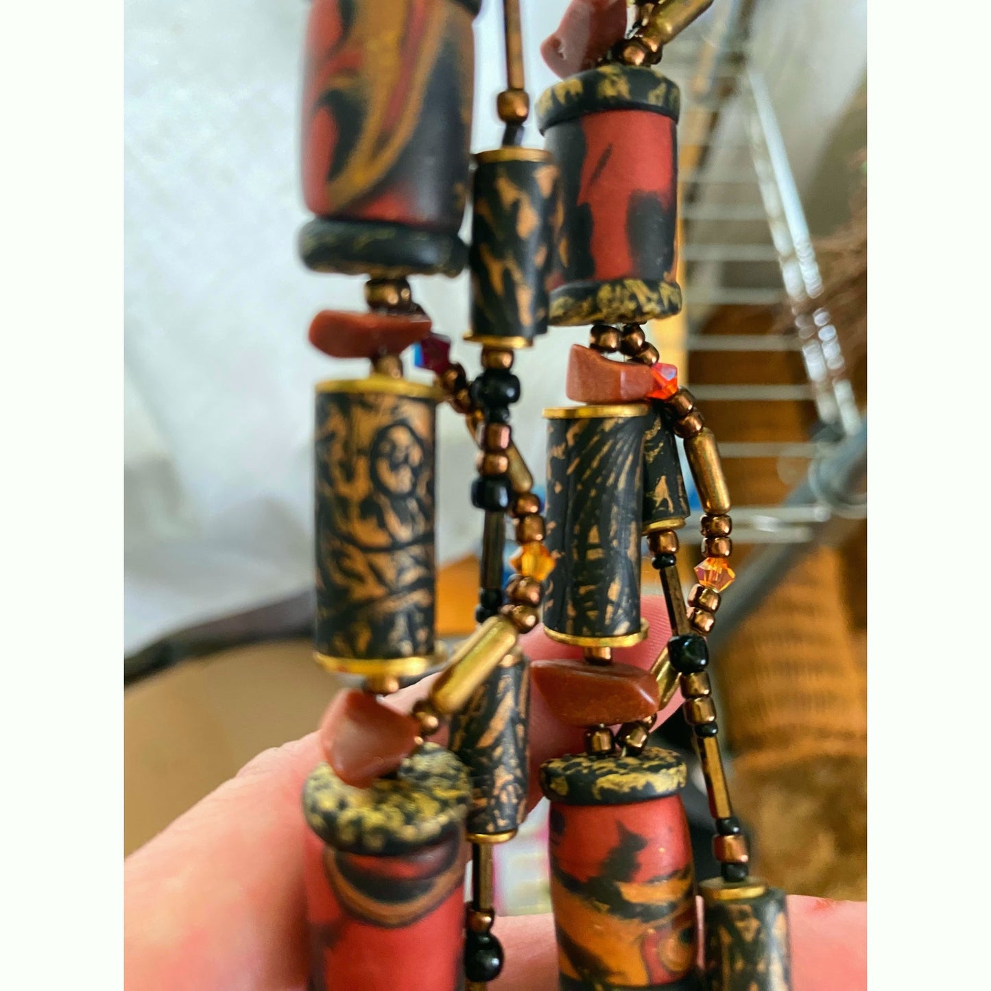 Hand painted Cork Bead Necklace and Earrings Earthy Artisan Boho Jewelry set