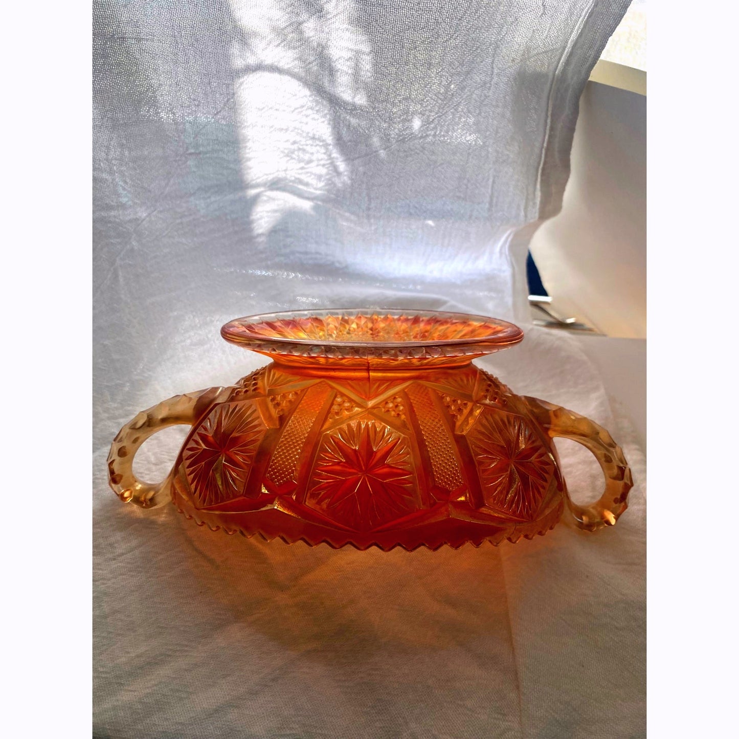 Aber Carnival Glass Candy dish Double handed footed bowl Starburst Pattern