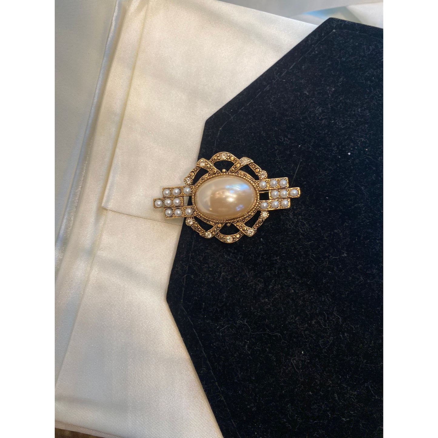 Gold tone faux milky white pearl filigree brooch Victorian design