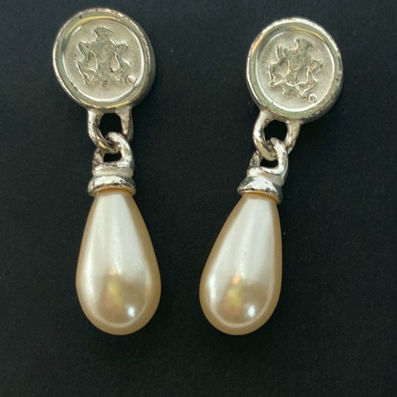Vintage Faux Peral Teardrop Earrings Silver Crest Medallion Pierced Dangles