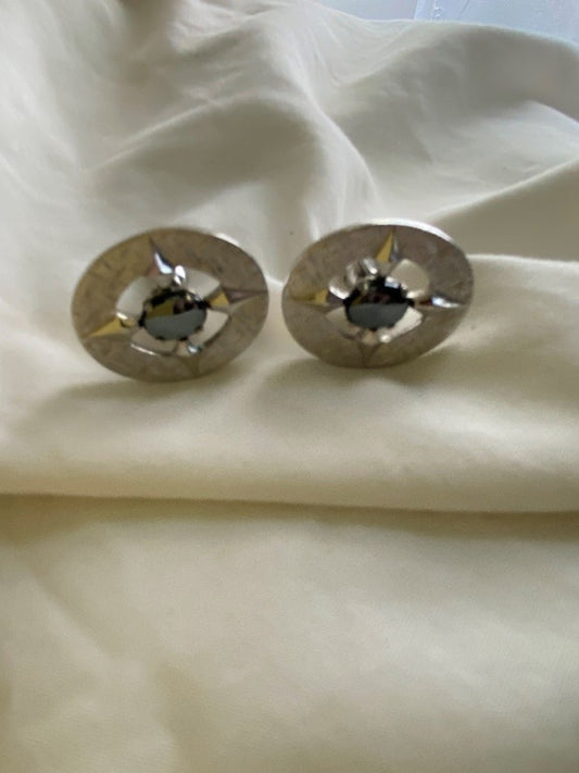 Silver tone Cufflinks with rose compass, dark stone middle