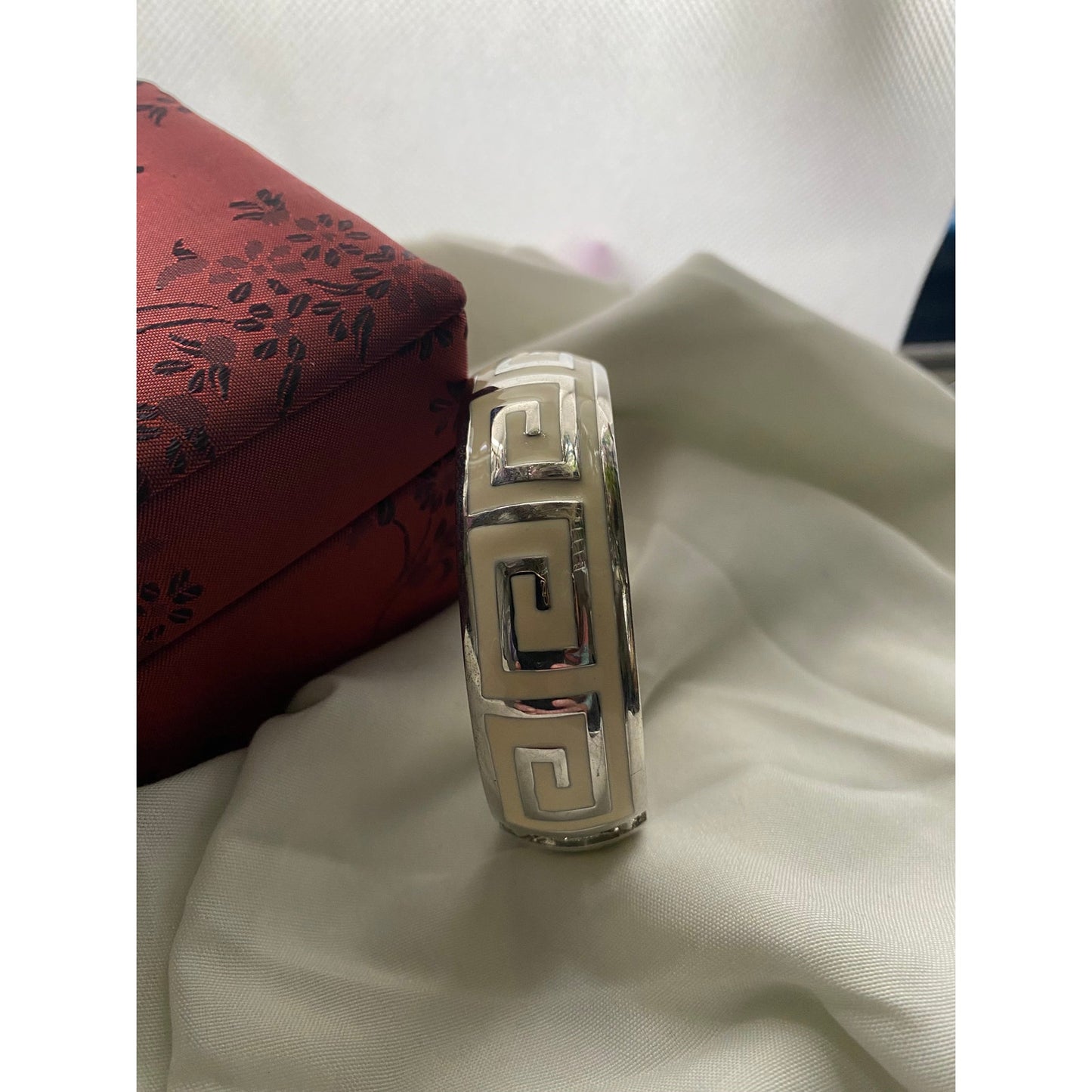 Vintage Greek key bangle Bracelet Cream enamel and silver tones midcentury retro