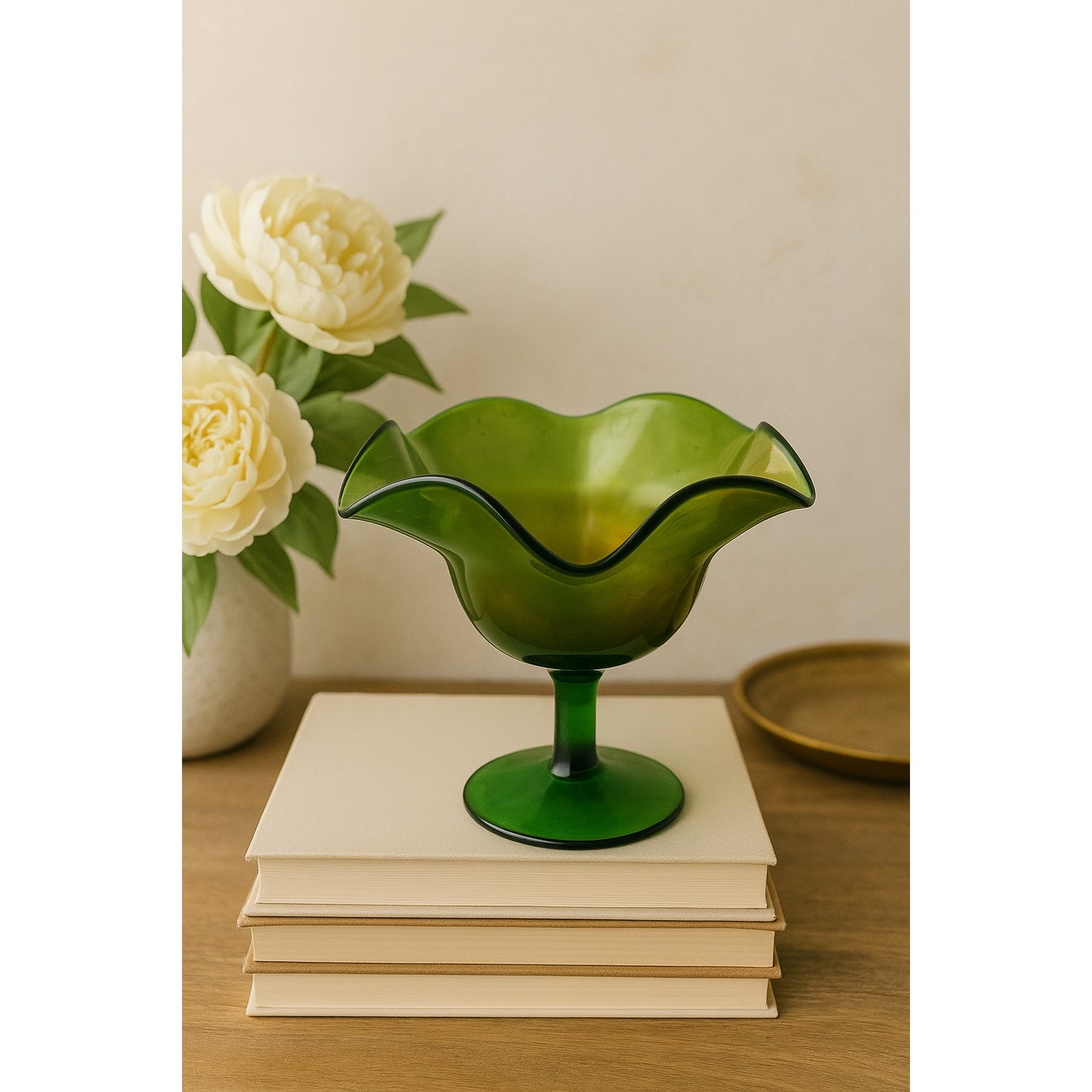 Vintage green glass Compote ruffled edges Pedestal bowl elegant art glass piece