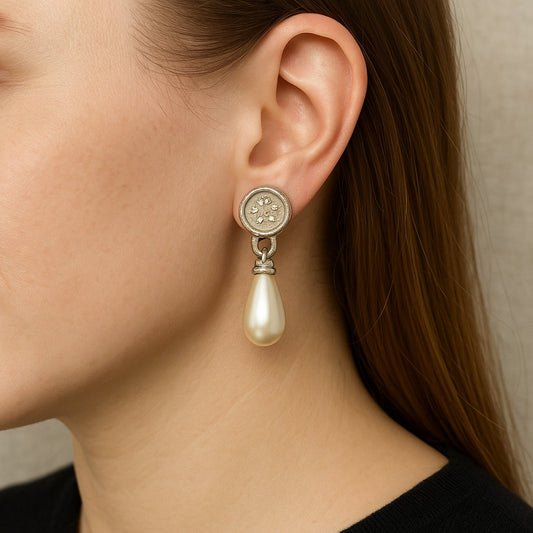 Vintage Faux Peral Teardrop Earrings Silver Crest Medallion Pierced Dangles