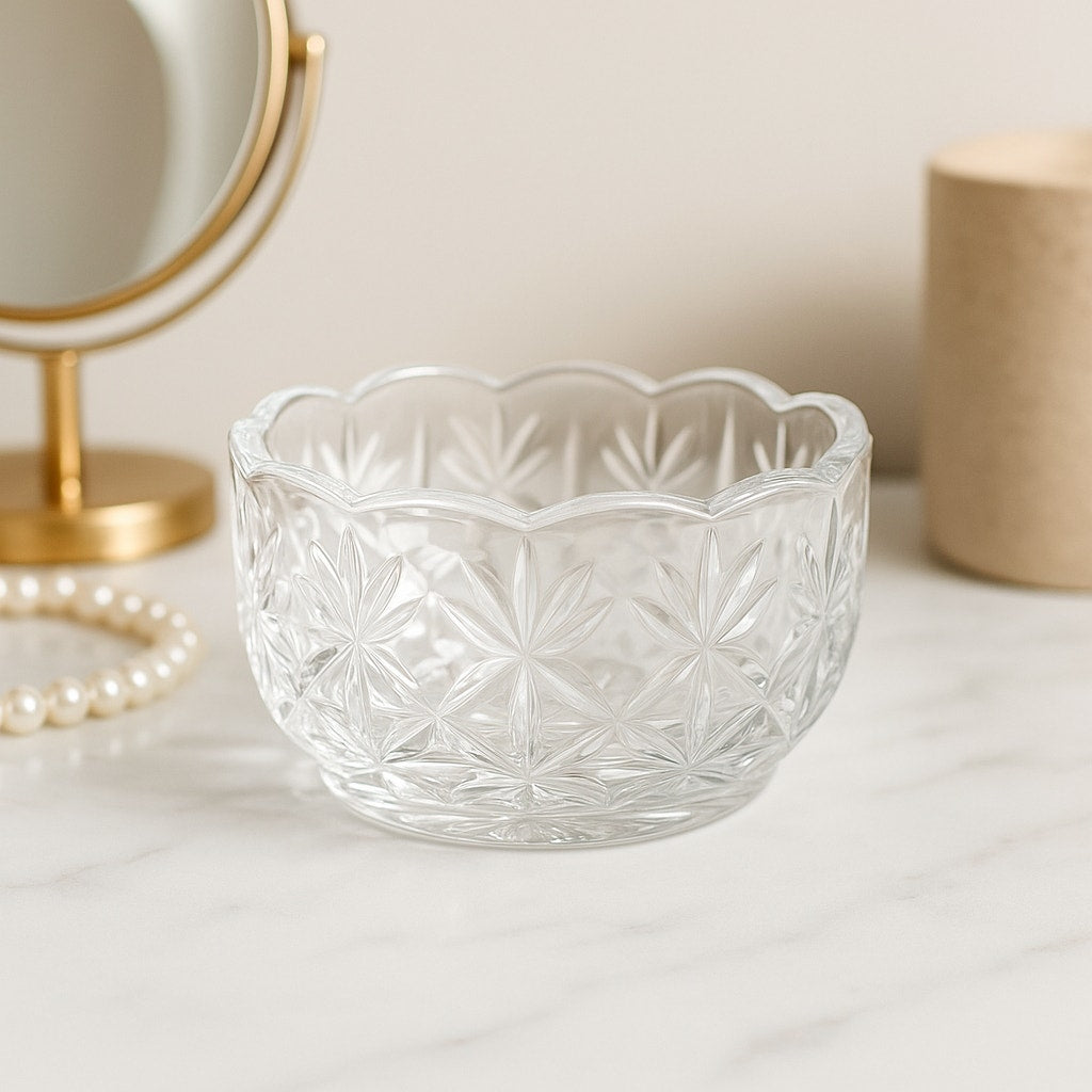 Vintage Lead Crystal Cut Glass Vanity Bowl Elegant Jewelry Dish StarburstPattern