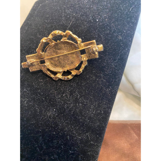 Gold tone faux milky white pearl filigree brooch Victorian design