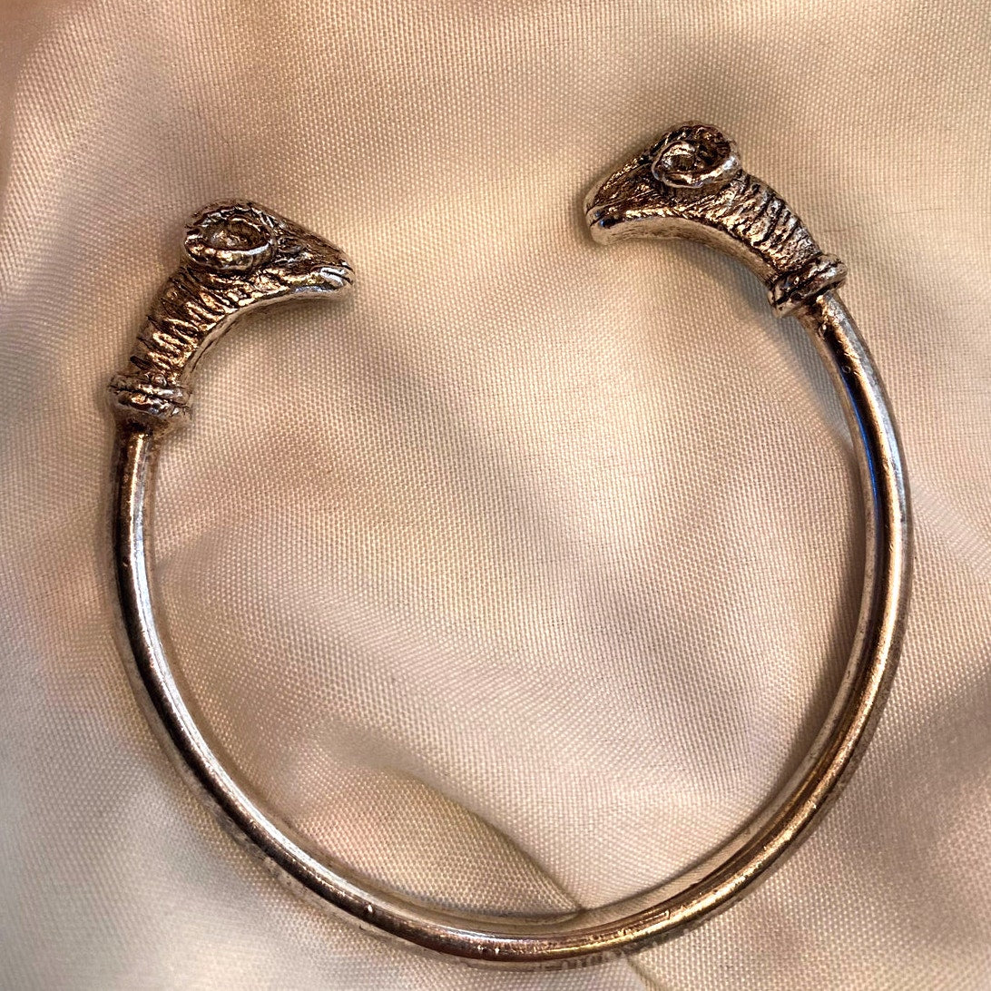 Vintage Rams Head Cuff Bracelet Goog luck Talisman silver tone