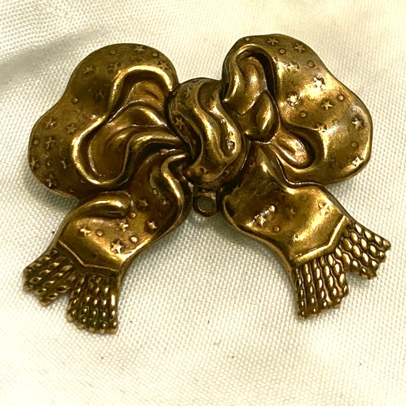 Vintage Brass Bow Brooch Textured Ribbon pin with etched fringe details