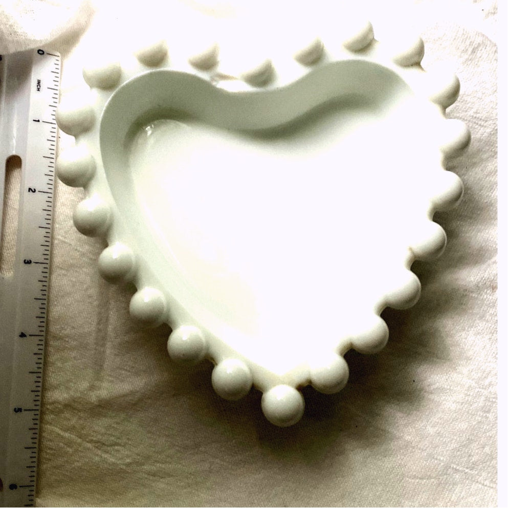 White Heart shaped Trinket Dish with Beaded Edge Ceramic ring holder Gift for person