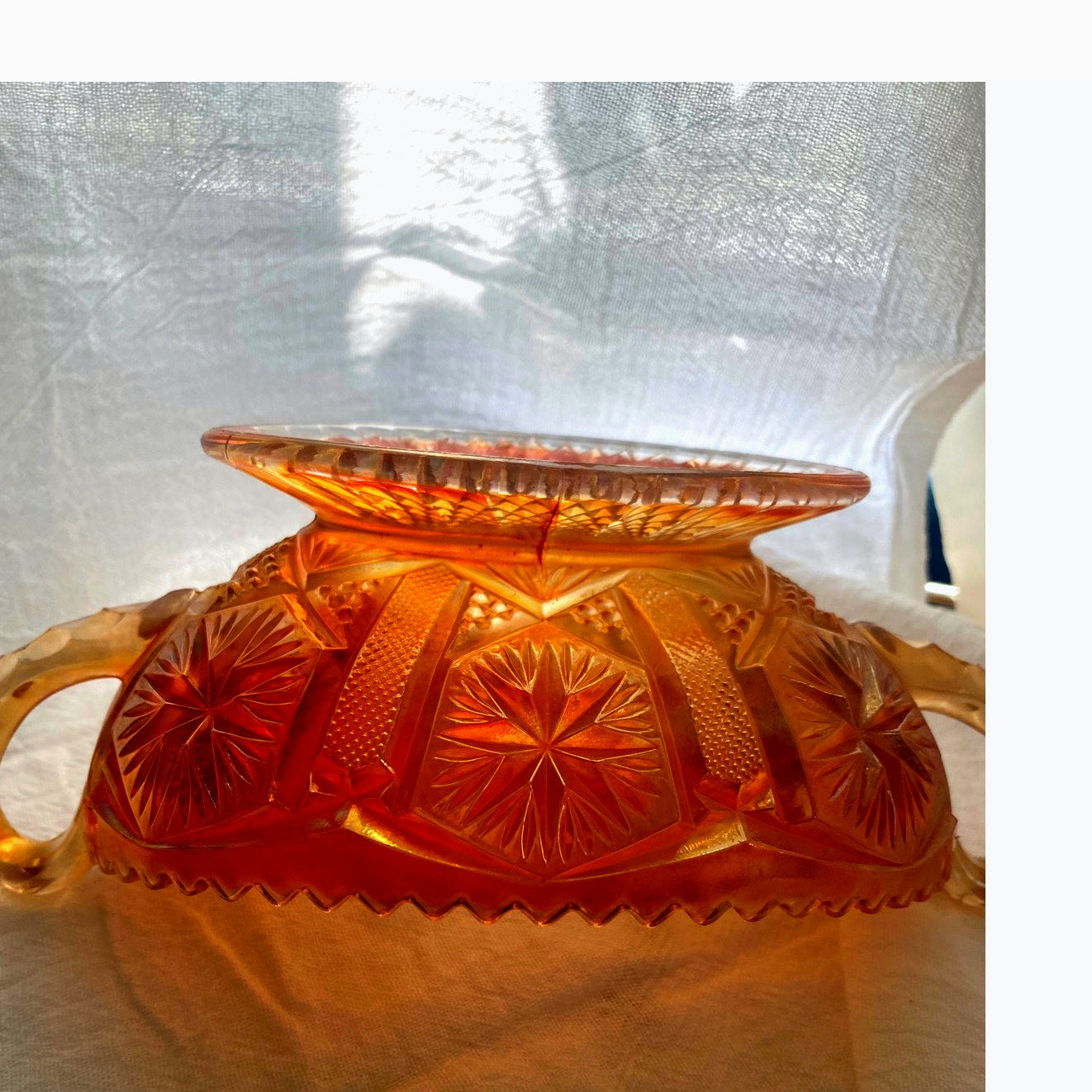 Aber Carnival Glass Candy dish Double handed footed bowl Starburst Pattern
