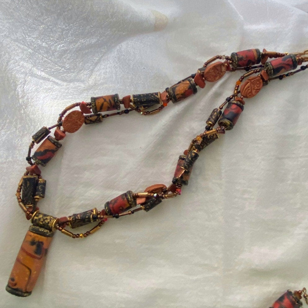 Hand painted Cork Bead Necklace and Earrings Earthy Artisan Boho Jewelry set