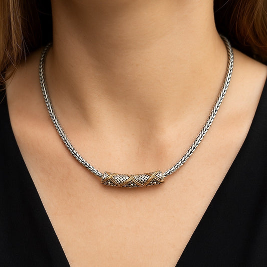 Vintage sterling silver and 18 karat gold accent, wheat chain necklace, or Nate Barr pendant, designer style, two tone, jewelry ￼
