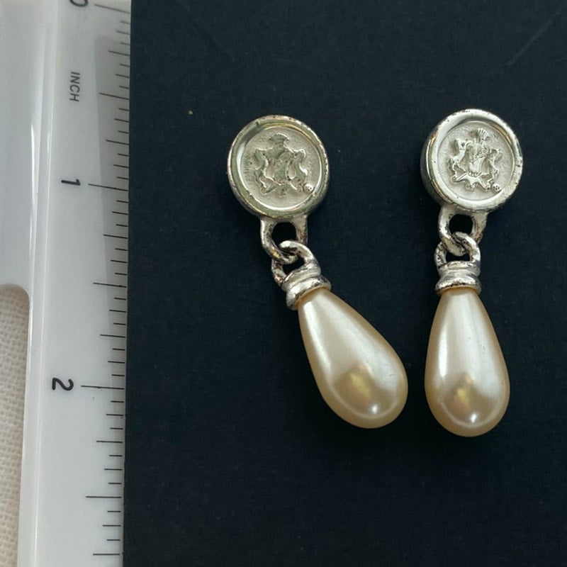 Vintage Faux Peral Teardrop Earrings Silver Crest Medallion Pierced Dangles